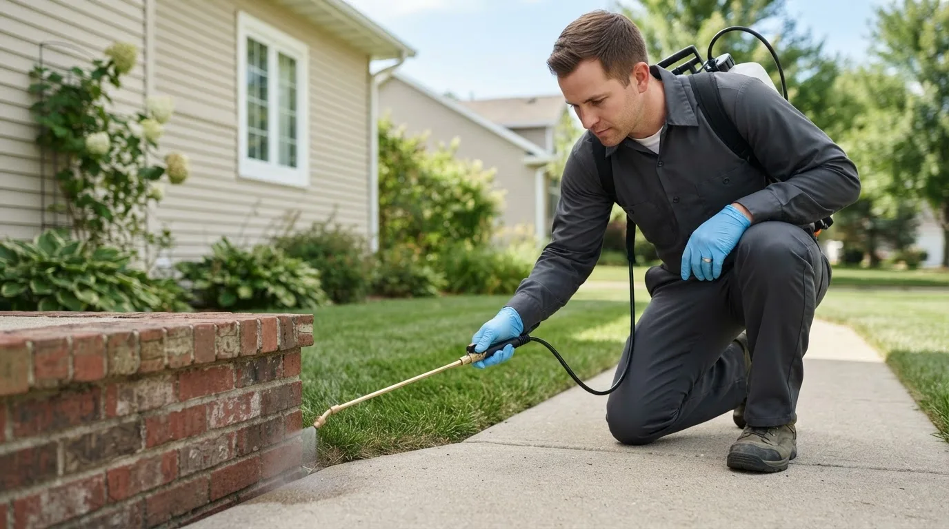 Pest control technician treating a home near Vandervoort, AR